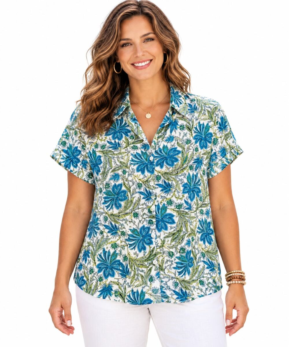 Talbots Floral Button Top Womens Size 6 Teal Lime Wrinkle Resistant Small